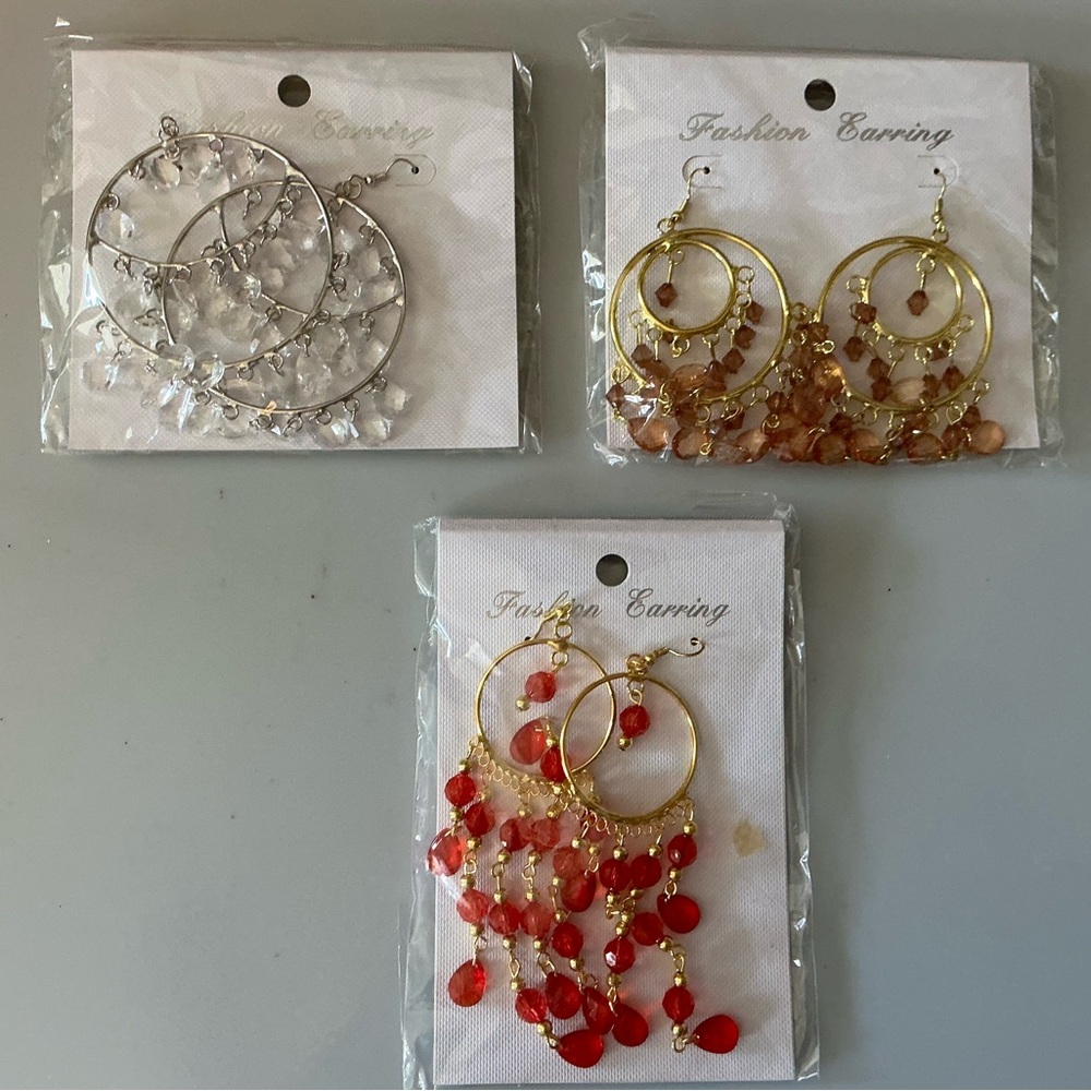 Gold Hoop Earrings with Red Bead Fringe